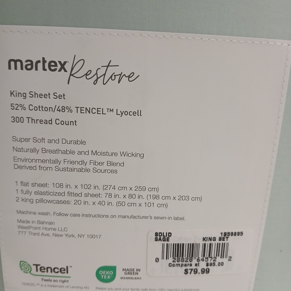 Martex Restore Solid Cotton and Tencel King Sheet Set 52% Cotton 48% Telcel New - Picture 3 of 6